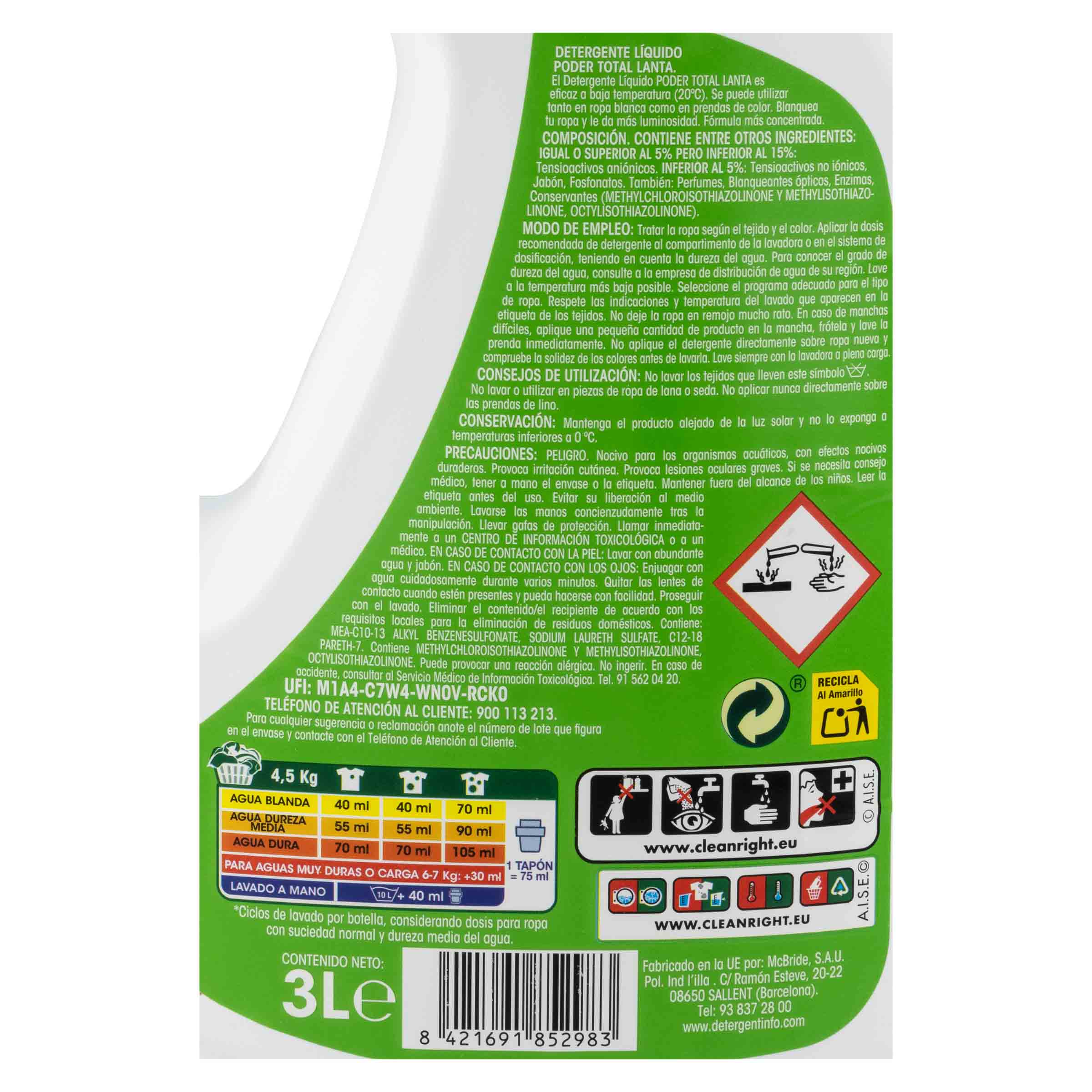 Detergente líquido Lanta 54 lavados Poder total