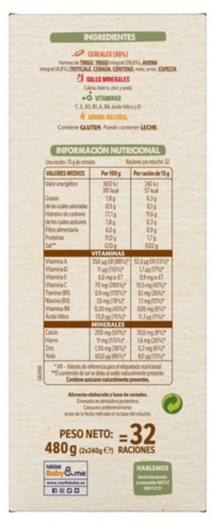 Alimento infantil papilla sin azúcar añadido 8 cereales Nestlé 480g
