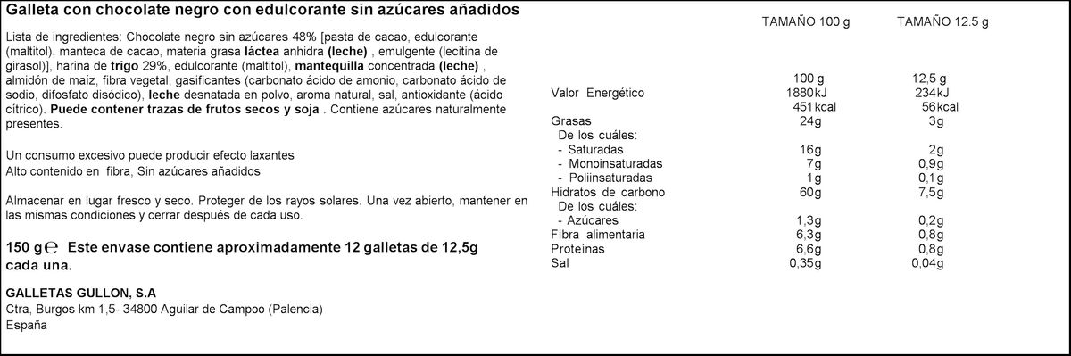 Galleta chocolate negro sin azúcar Gullón 150g