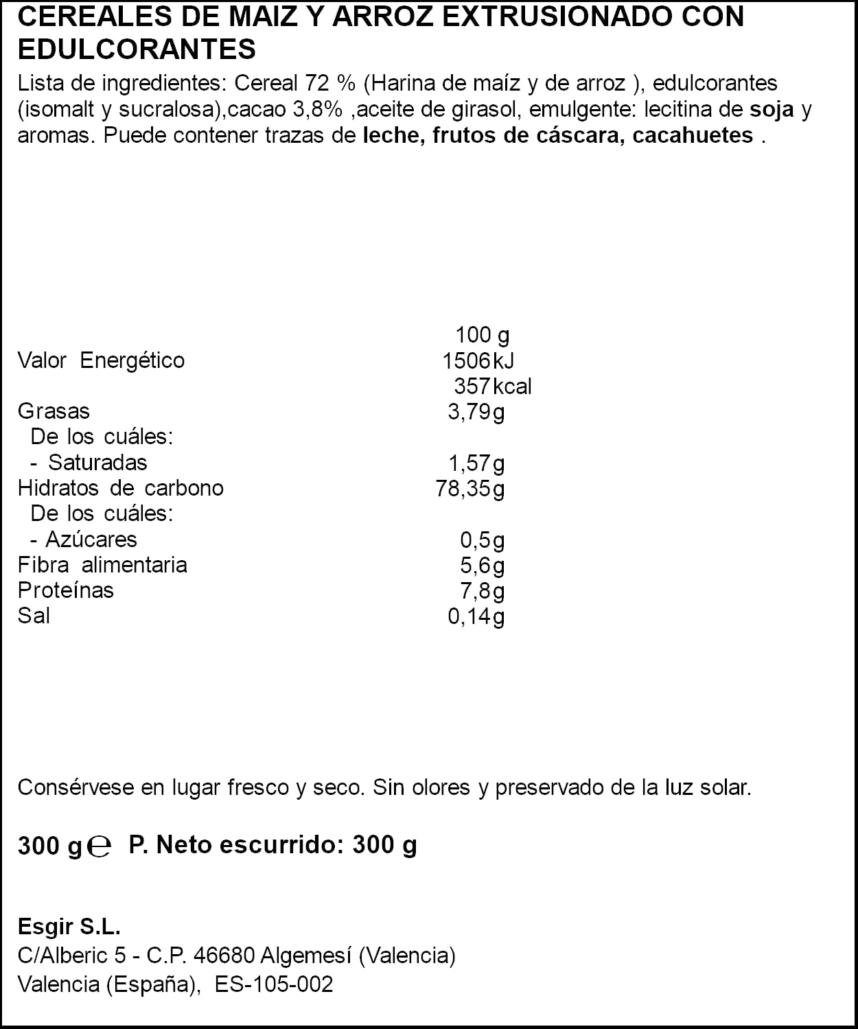 Cereales sin azúcar añadido sin gluten chocozero Esgir 300g
