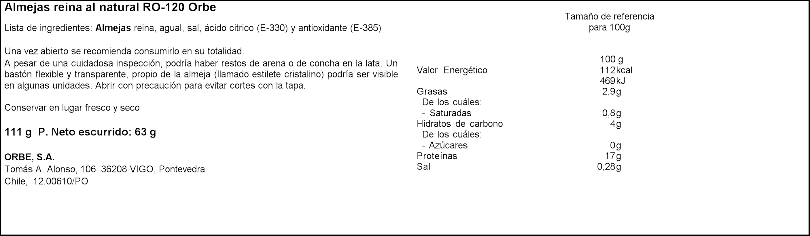 Almeja Reina al natural Orbe 63g