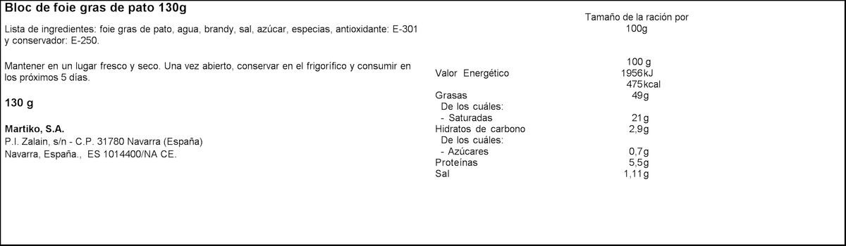 Bloc de foie gras de pato Martiko lata 130g
