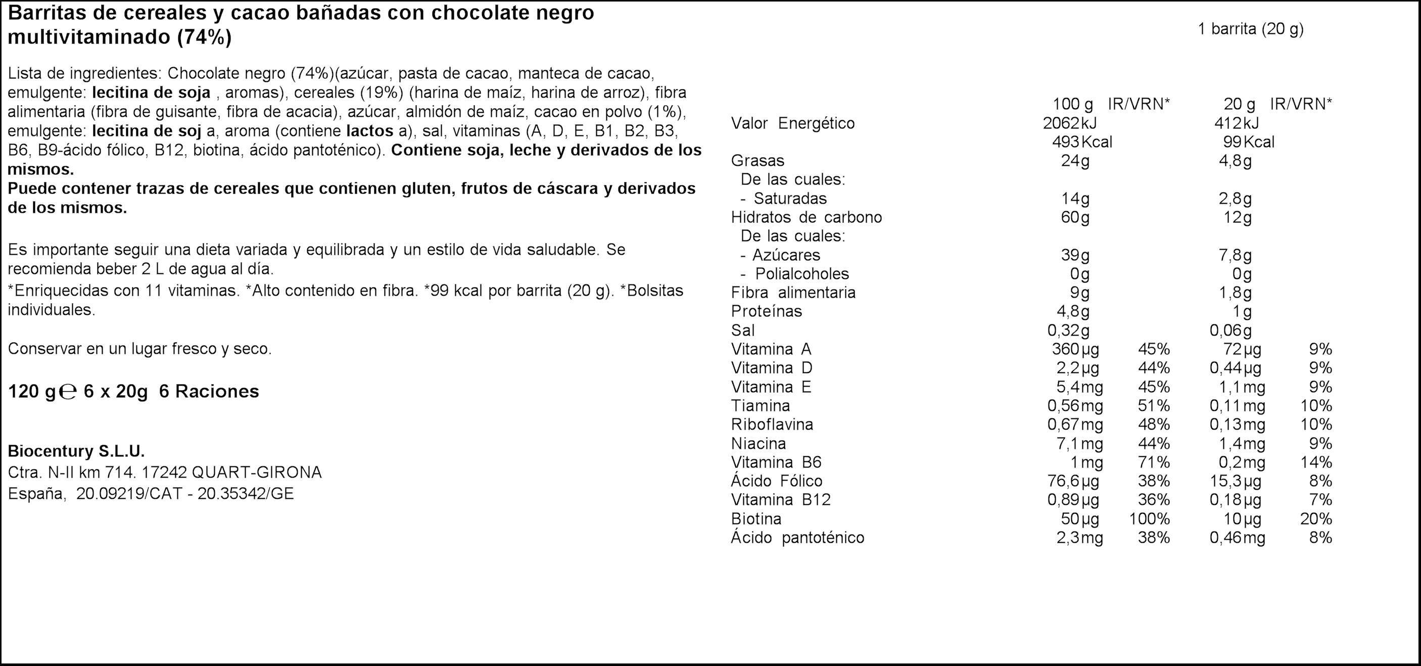Barritas de chocolate negro y cereales Bicentury 120g