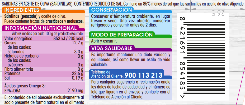 Sardinas en aceite de oliva bajas en sal Alipende 2 unidades 85g