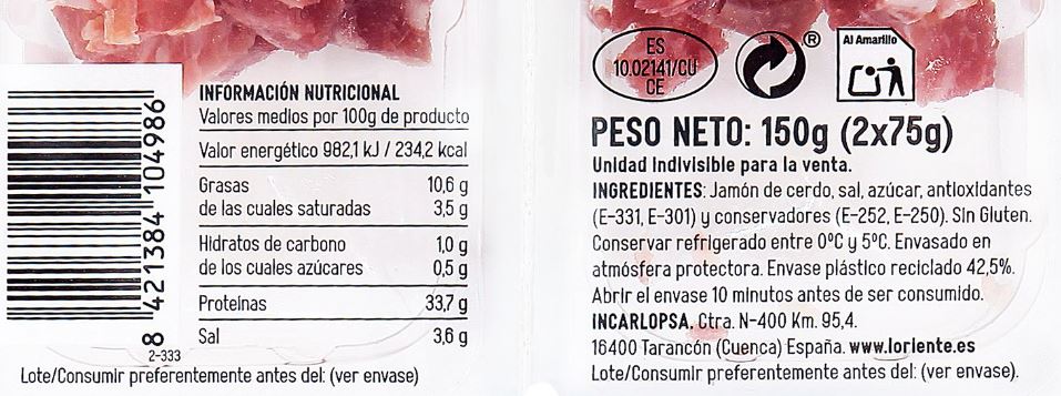 Taquitos De Jamón Loriente 2X75G