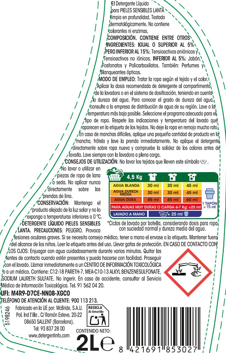 Detergente líquido Lanta 66 lavados Piel sesible
