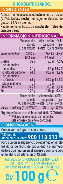 Chocolate blanco Alipende 100g