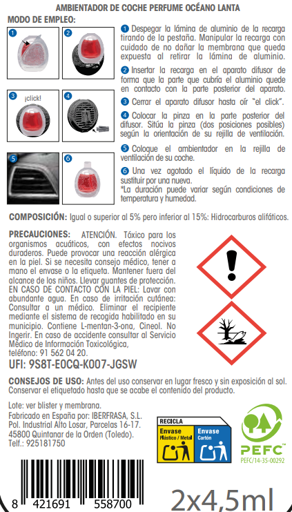 Ambientador coche Lanta 4,5ml 2 unidades océano