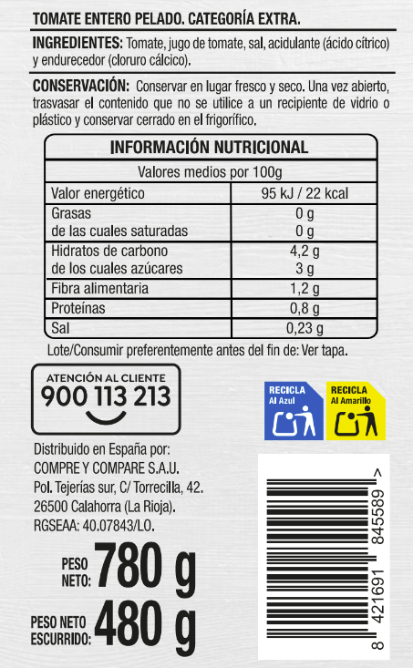 Tomate entero pelado categoría extra Alipende 480g