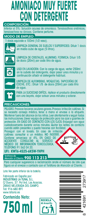 Amoniaco muy fuerte Lanta 750ml con detergente