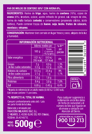 Pan molde Alipende avena y centeno 500g