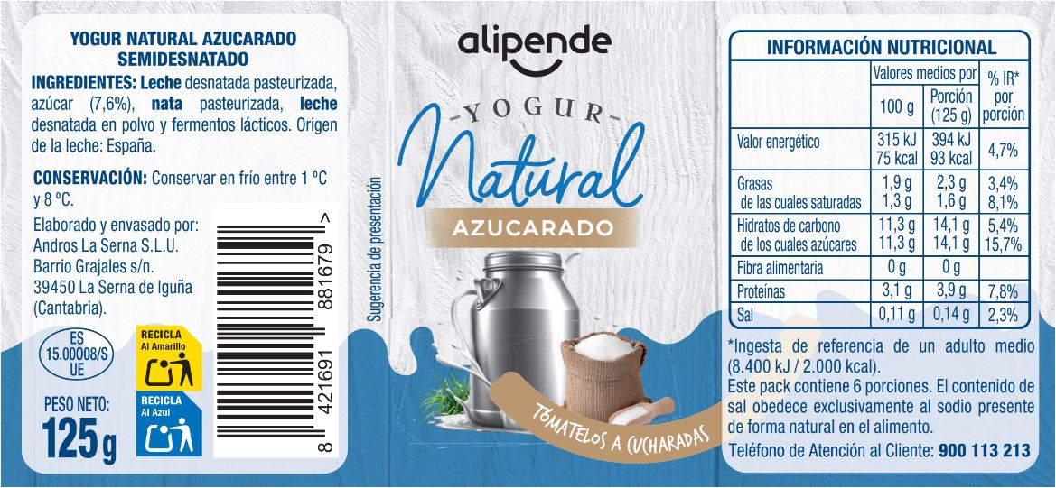 Yogur natural azucarado pack 6 Alipende