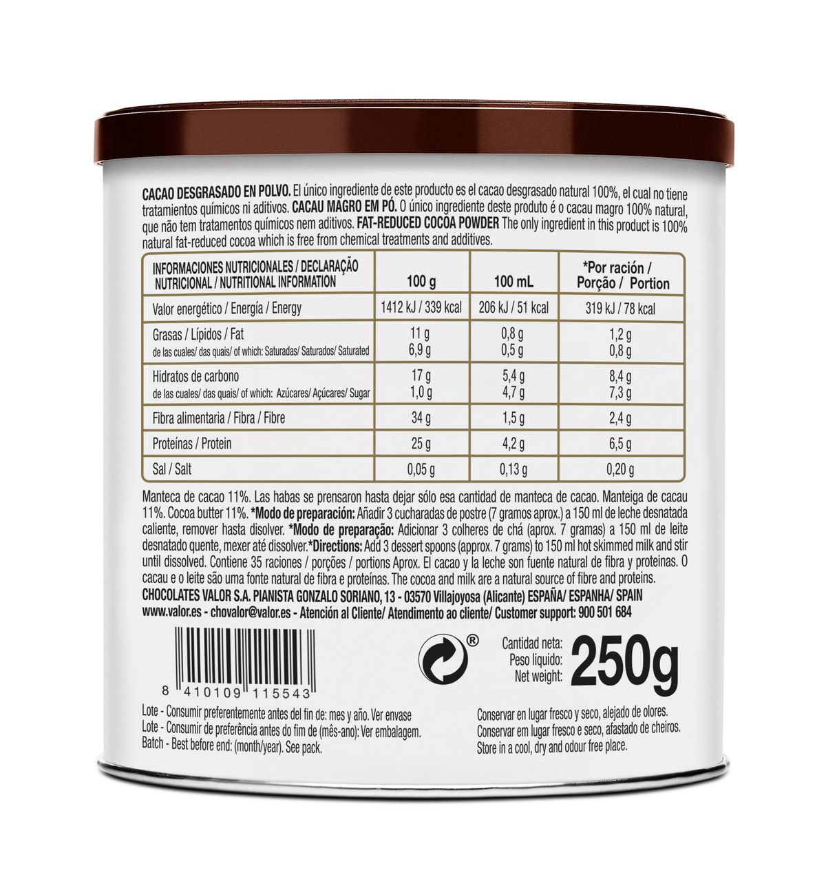 Cacao puro negro soluble Valor 250g 100%