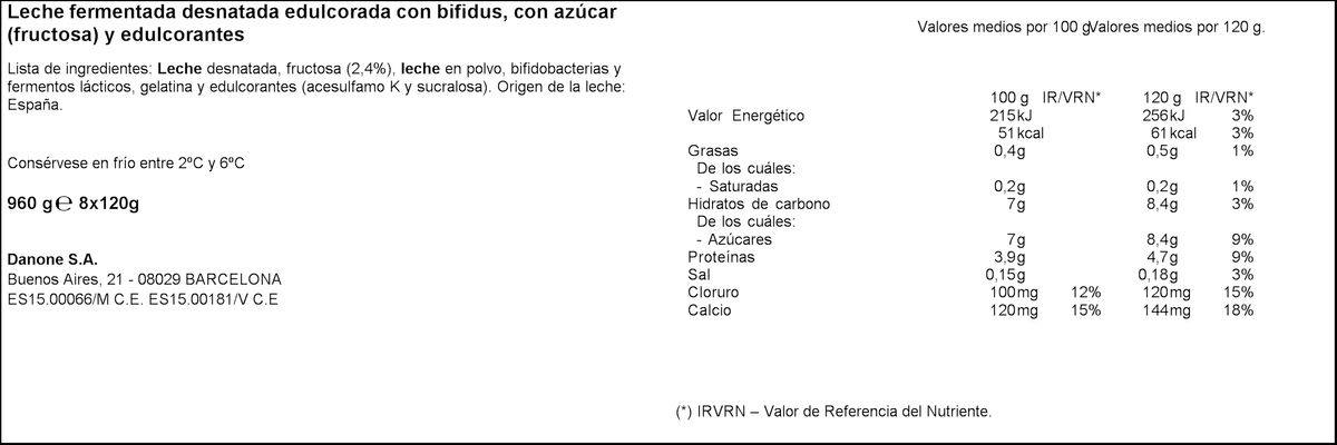 Bífidus probiótico Activia desnatado 0% materia grasa pack 8 natural edulcorado