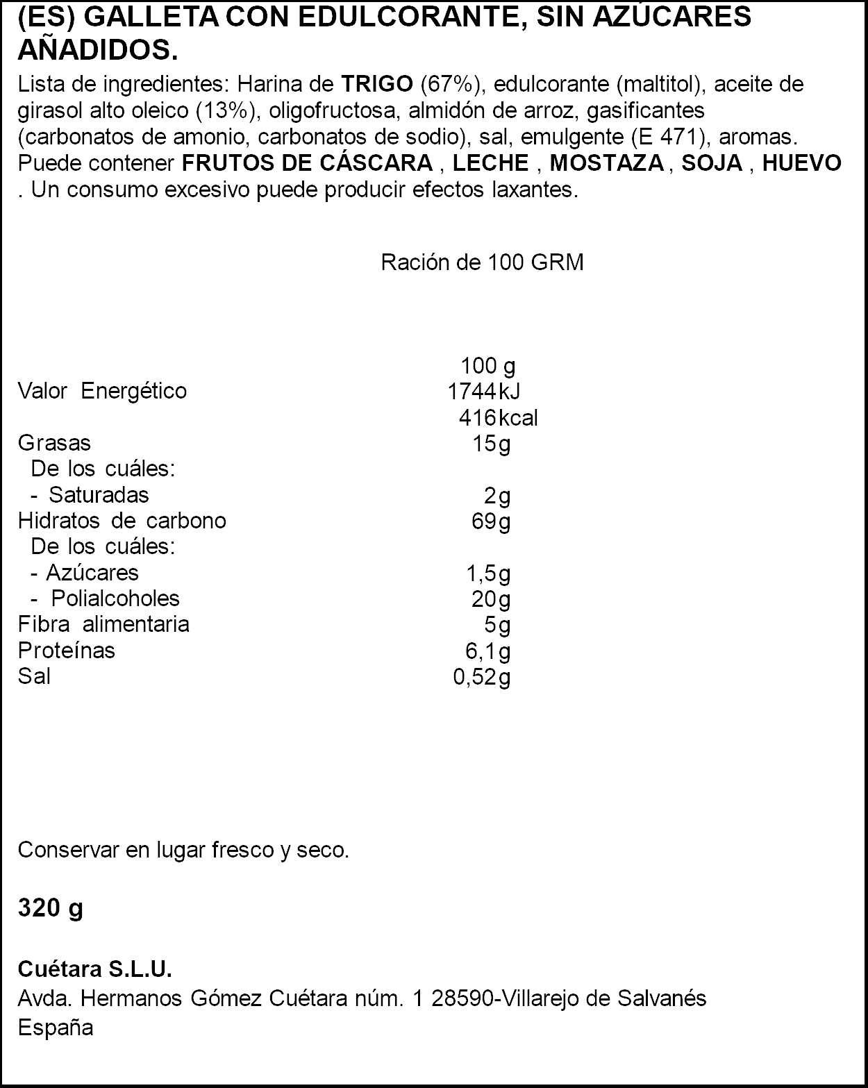 Galletas campurrianas sin azúcar Cuétara 320g
