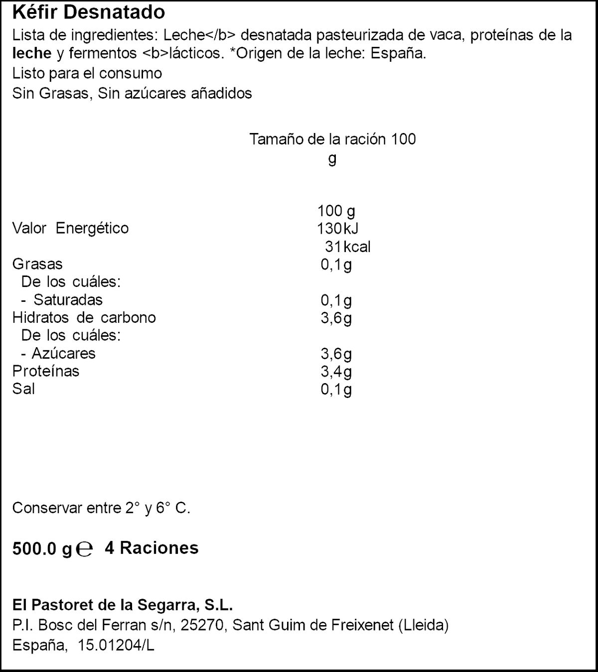 Kéfir 0% MG Pastoret 500g leche de vaca de pasto
