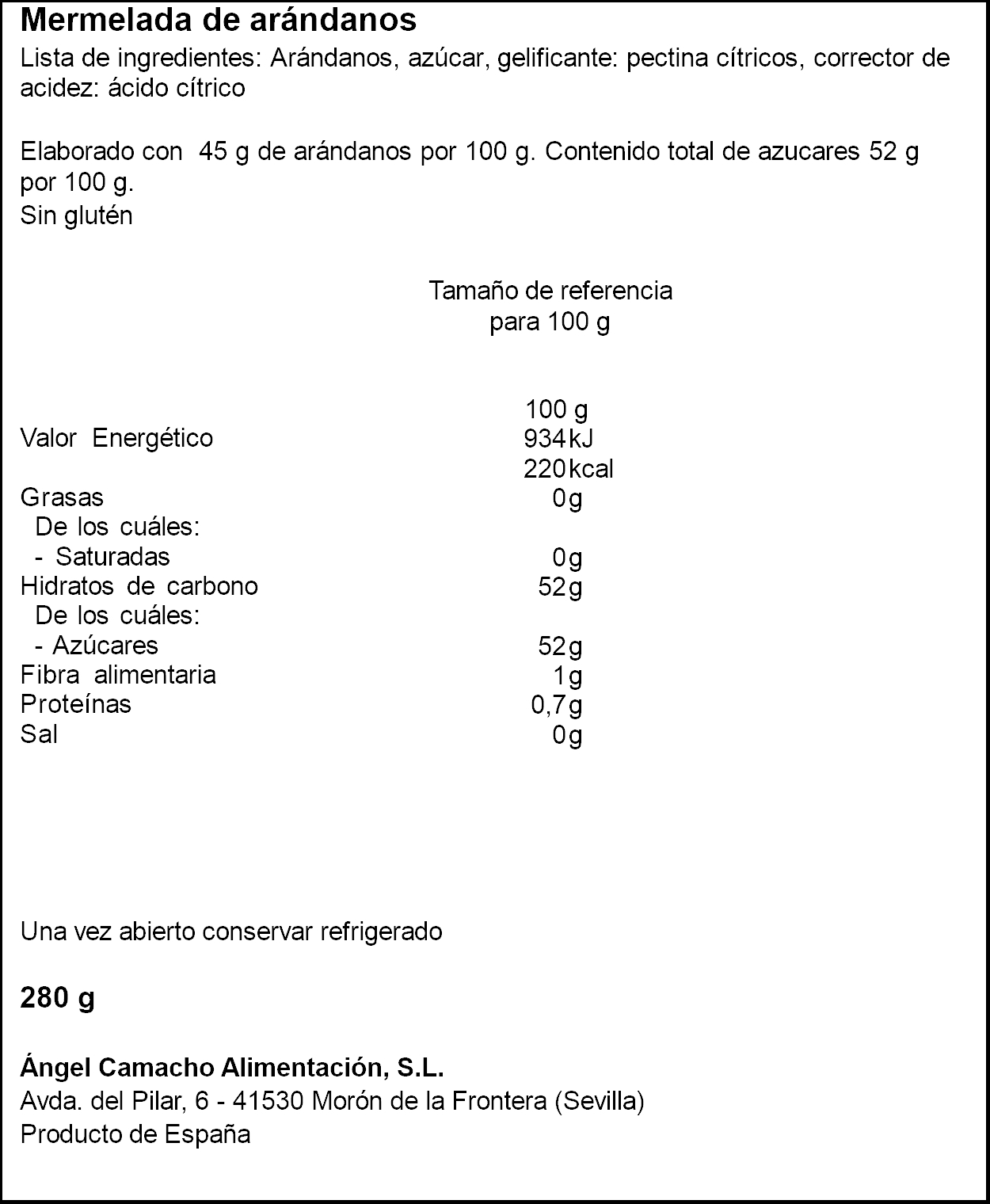 Mermelada de arándanos La Vieja Fábrica 280g