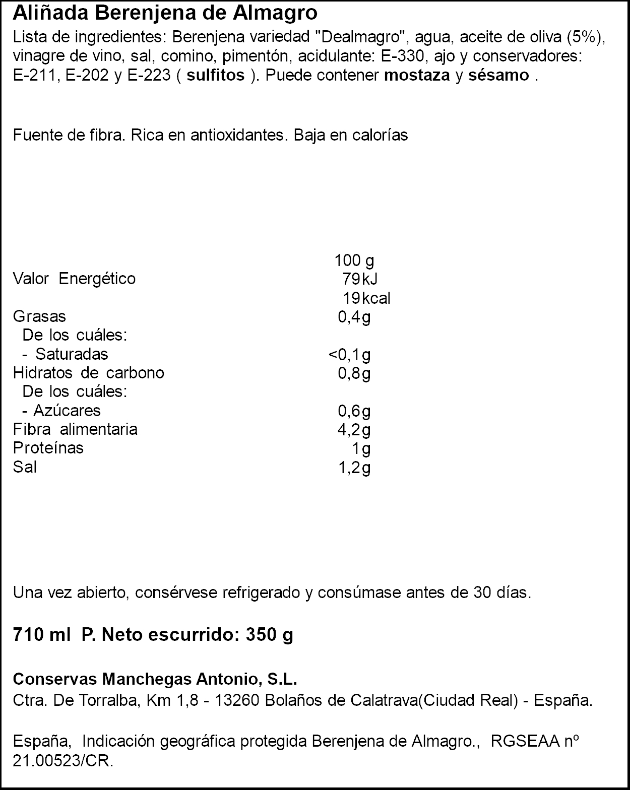 Berenjena almagro aliñada Antonio 350g