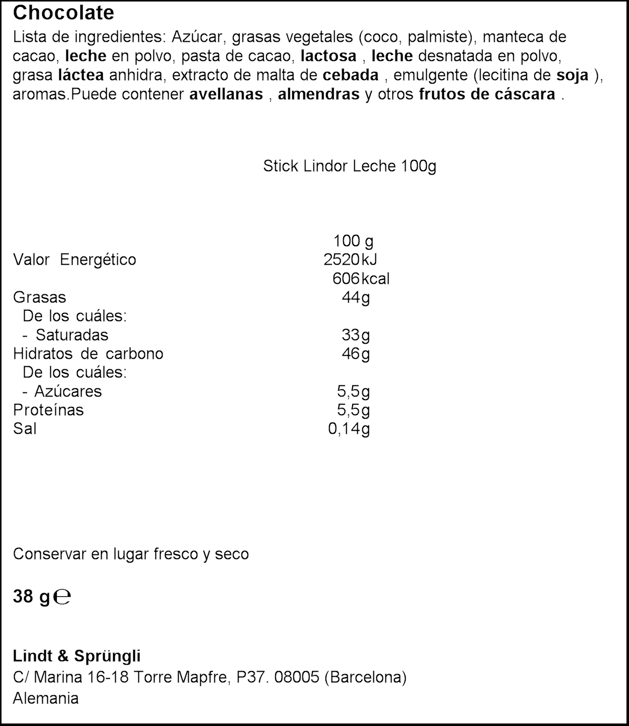 Chocolatina de chocolate con leche Lindor 38g
