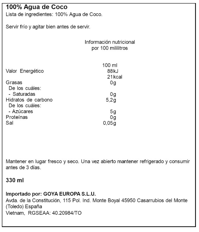 Agua de coco natural en envase de 330ml Goya