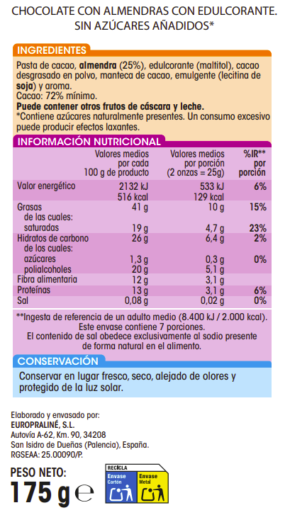 Chocolate negro 72% con almendras sin azúcar añadido 175g