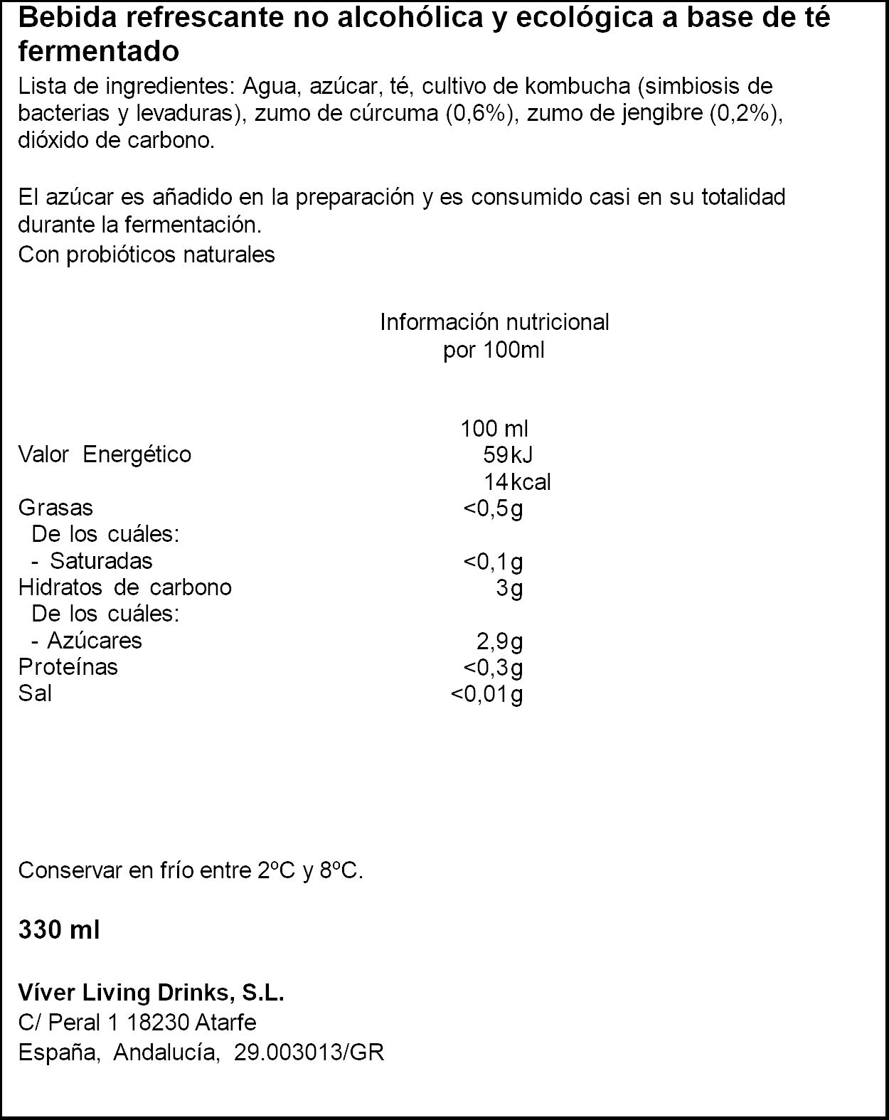 Bebida orgánica kombucha con jengibre y cúrcuma Viver 330ml