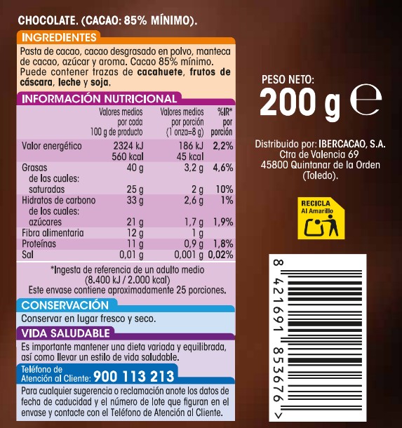 Porciones de chocolate negro 85% Alipende 200g