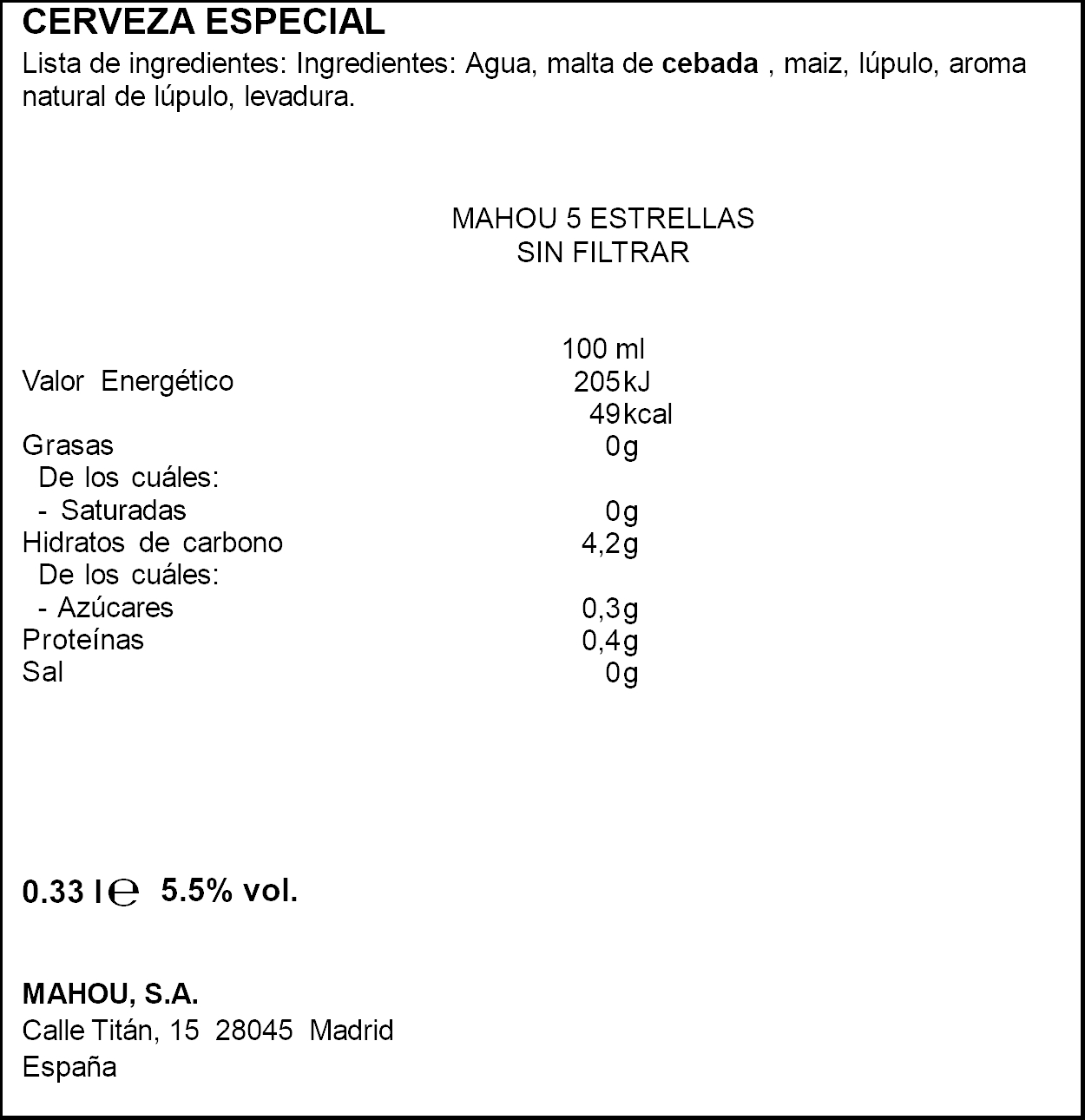 Cerveza sin filtrar Mahou 5 estrellas botella 33cl
