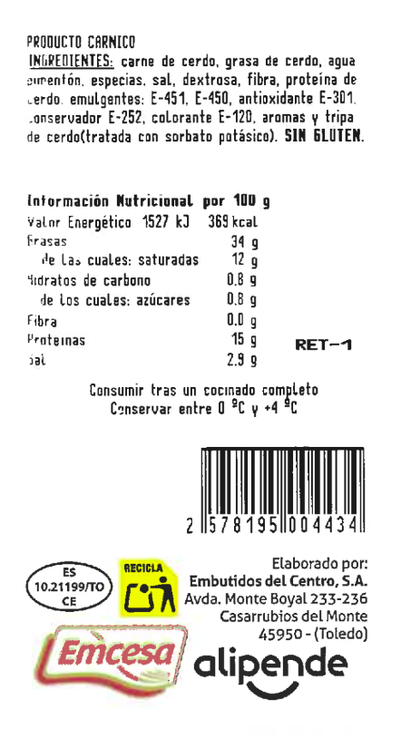 Chorizo Alipende 550g aproximadamente