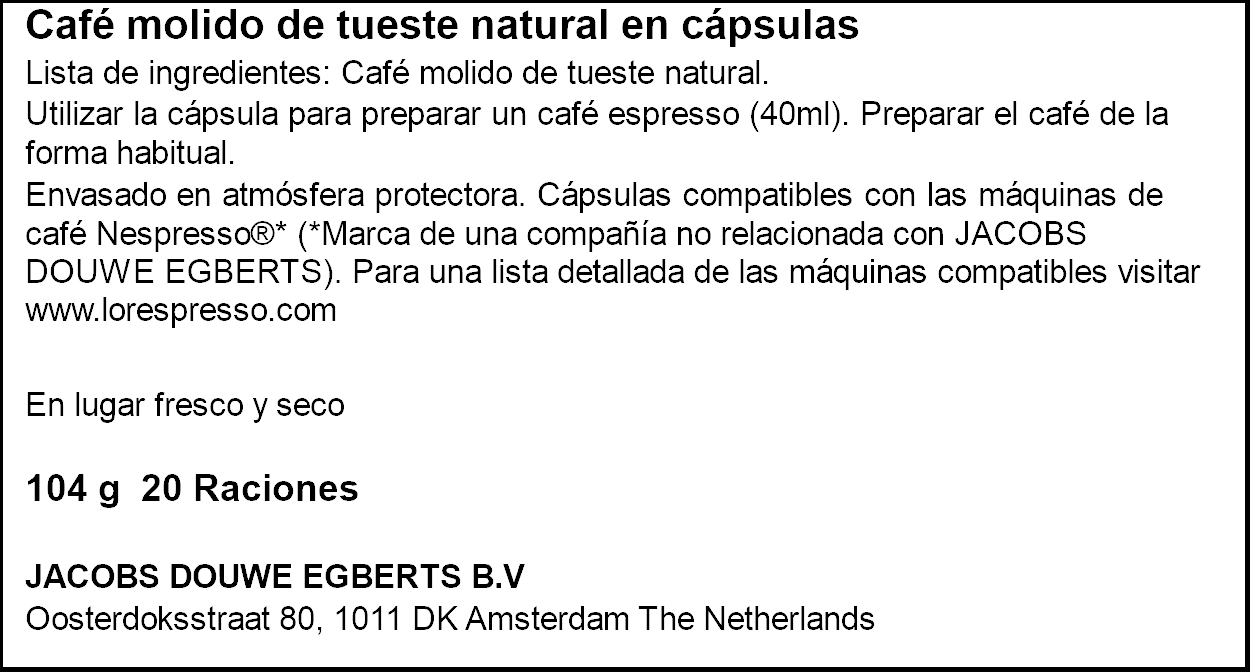 Café espresso sontuoso intensidad 8 L&acute;or 20 cápsulas