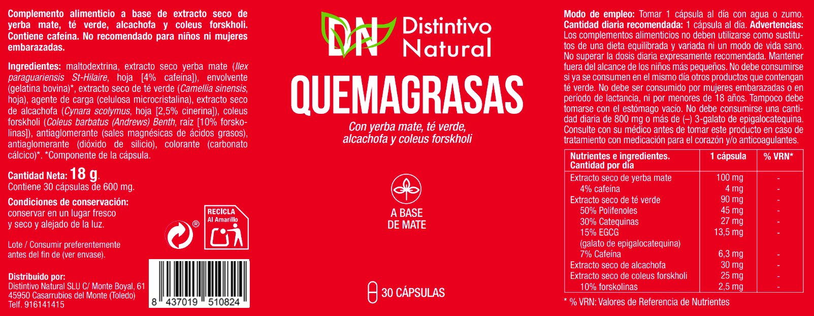 Quemagrasas Distintivo Natural 30 cápsulas