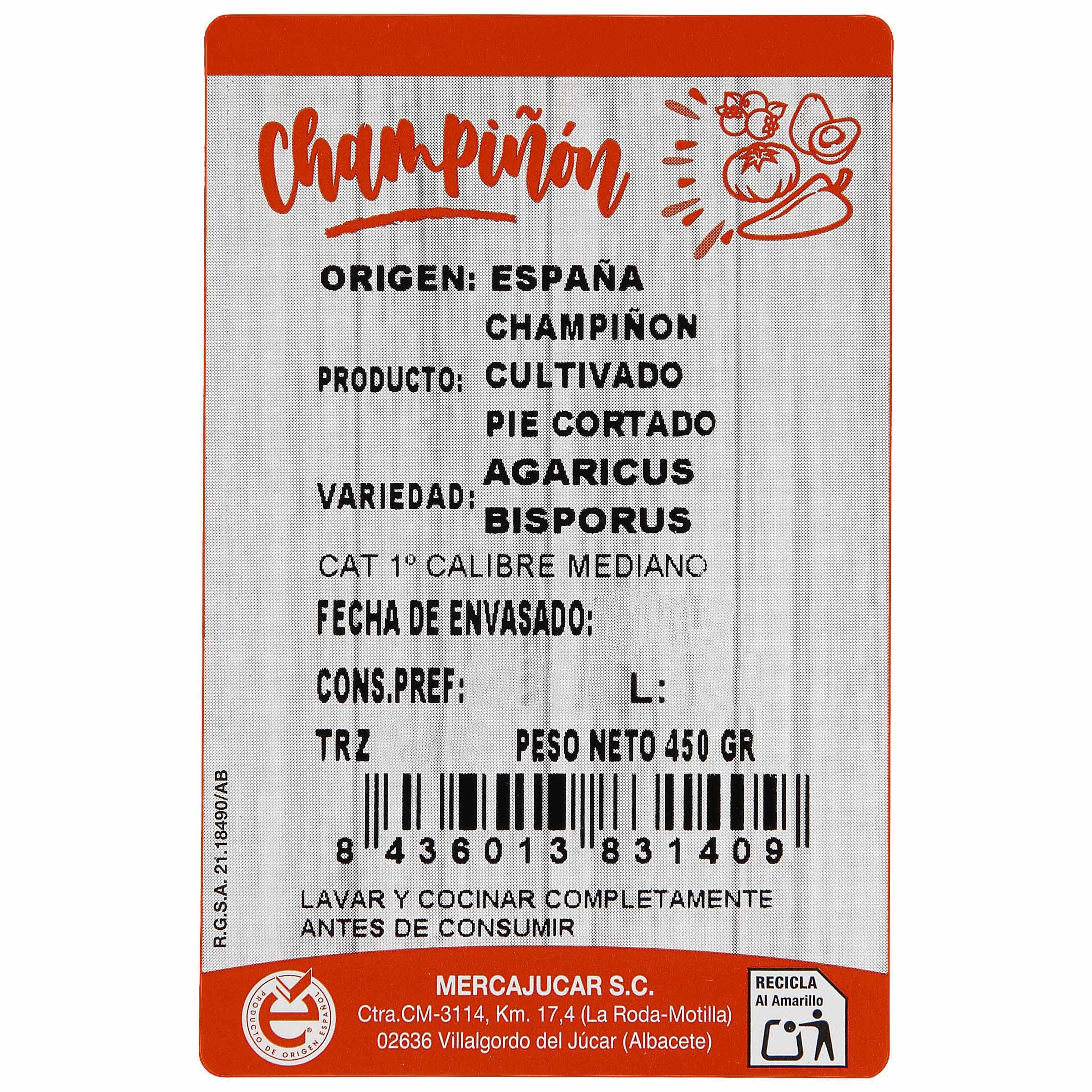 Champiñón cortado bandeja 450g