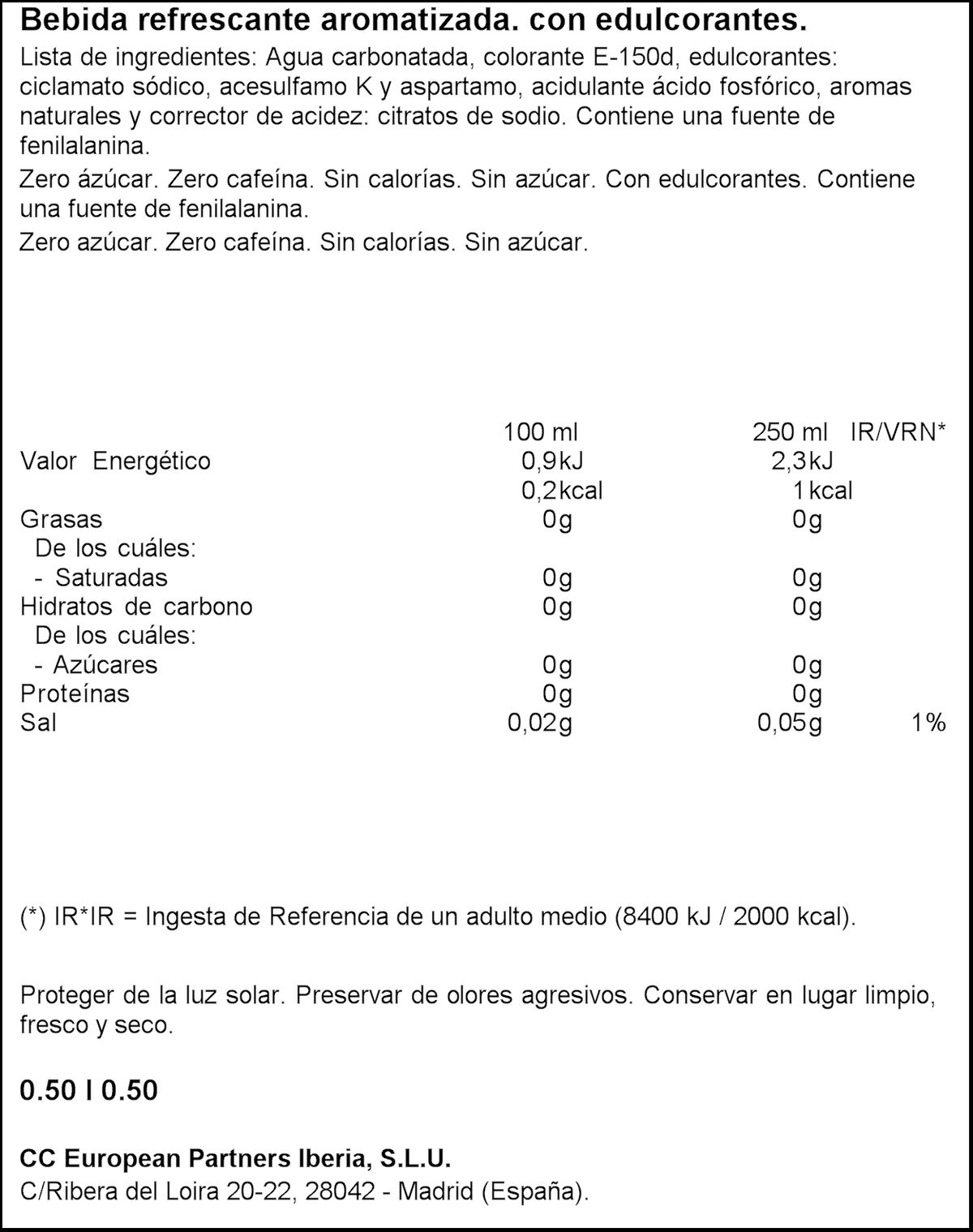 Refresco cola Coca-Cola botella 50cl zero azúcar zero cafeína