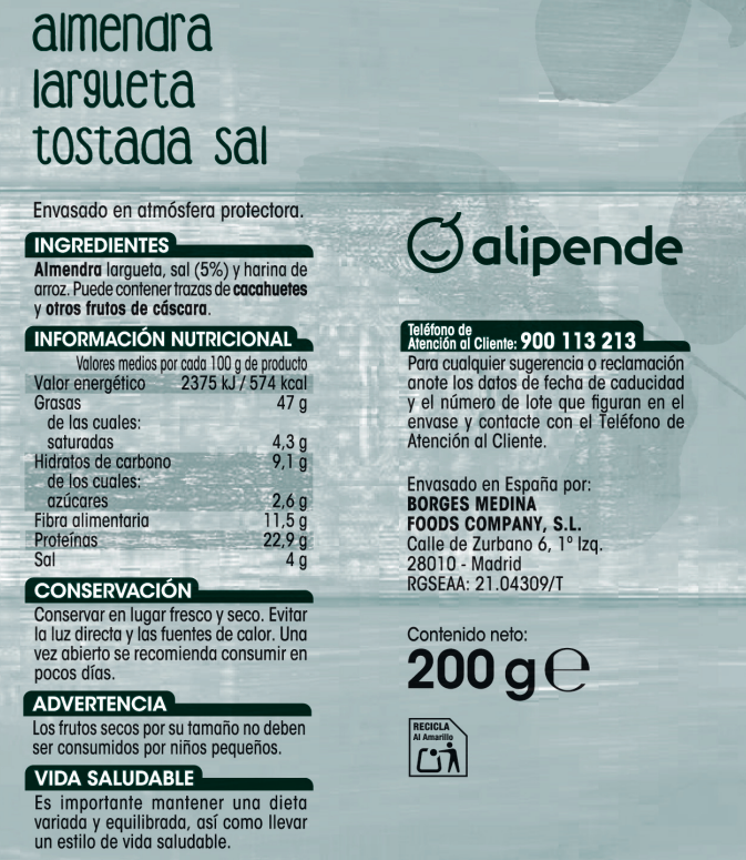 Almendra largueta tostada Alipende 200g