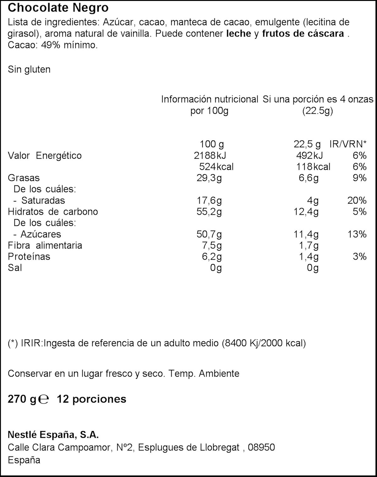 Chocolate negro Nestlé Dark 270g