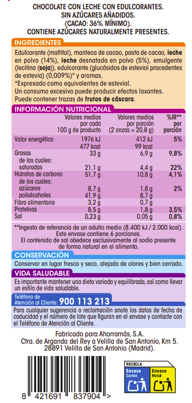 Chocolate con leche s/gluten Alipende 125g