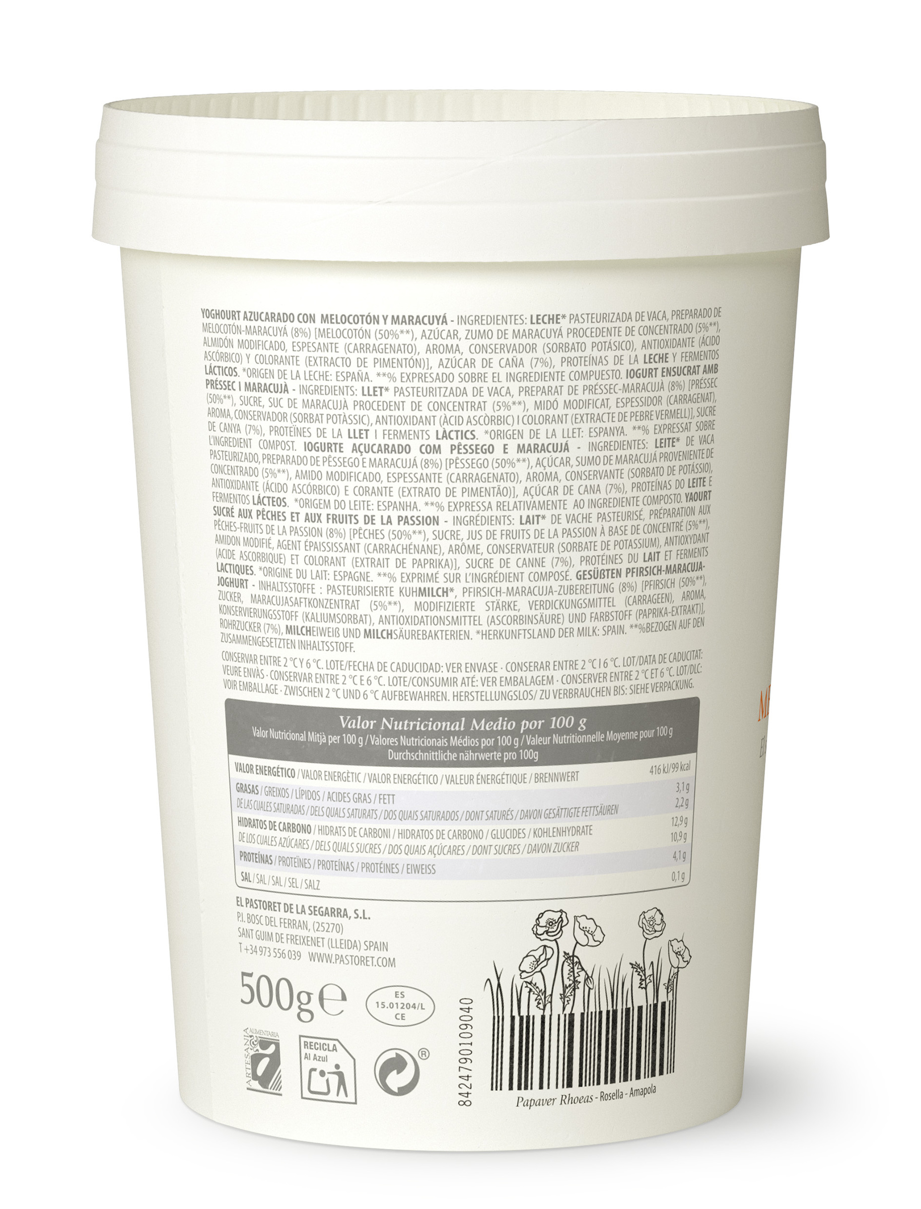 Yogur artesano Pastoret 500gr Melocotón y maracuyá