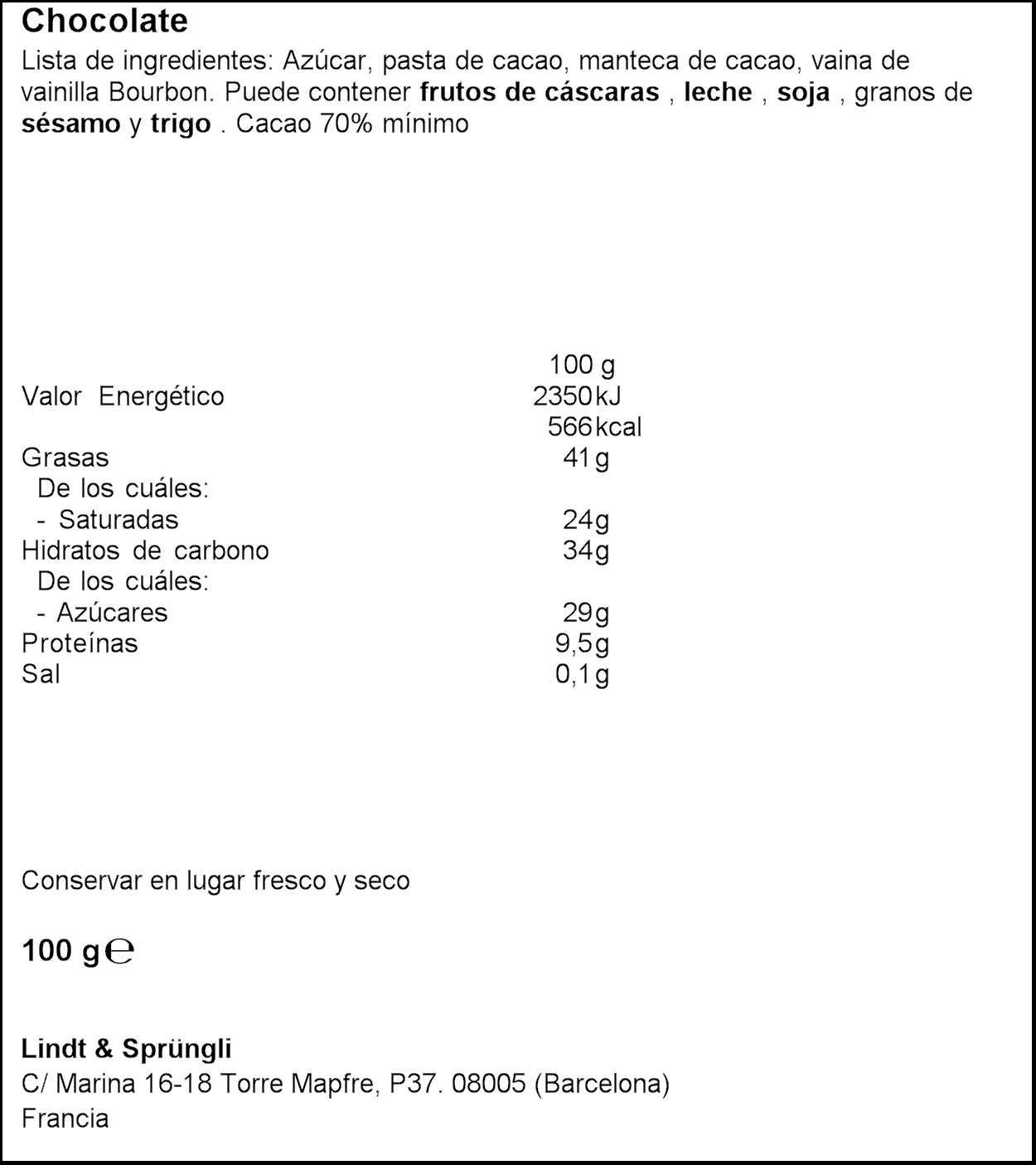 Chocolate negro Lindt excellence 100g 70% de cacao