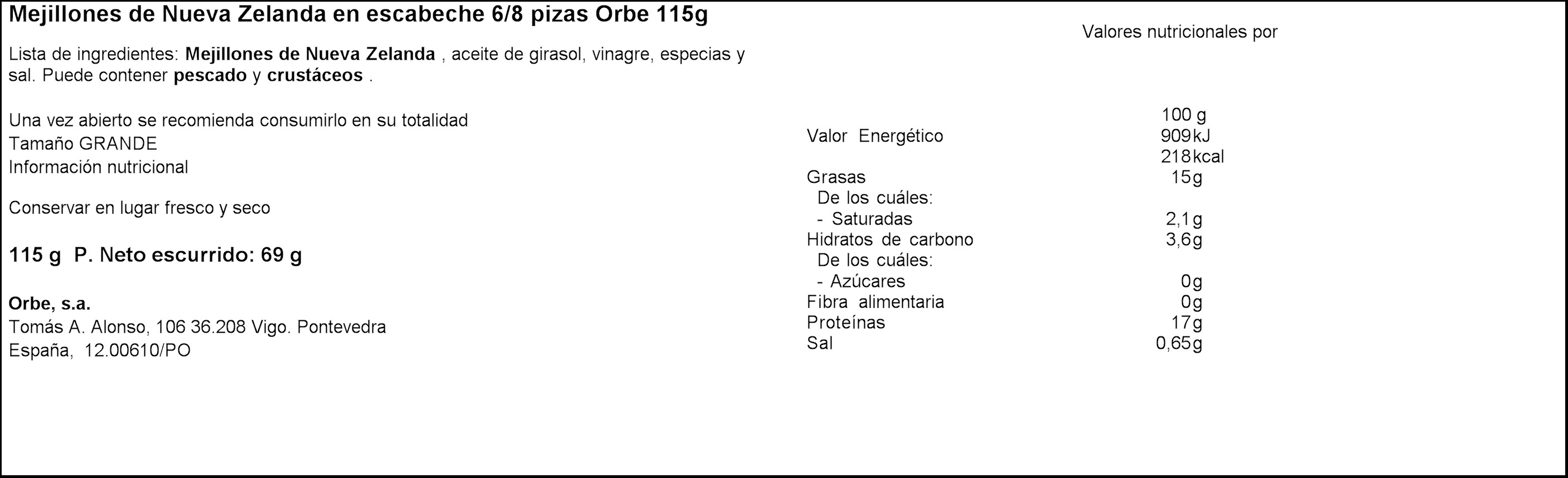 Mejillon en escabeche de Nueva Zelanda Orbe 69g 6/8