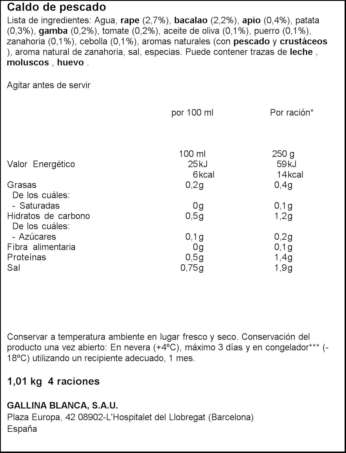 Caldo casero pescado con marisco Gallina Blanca 1l