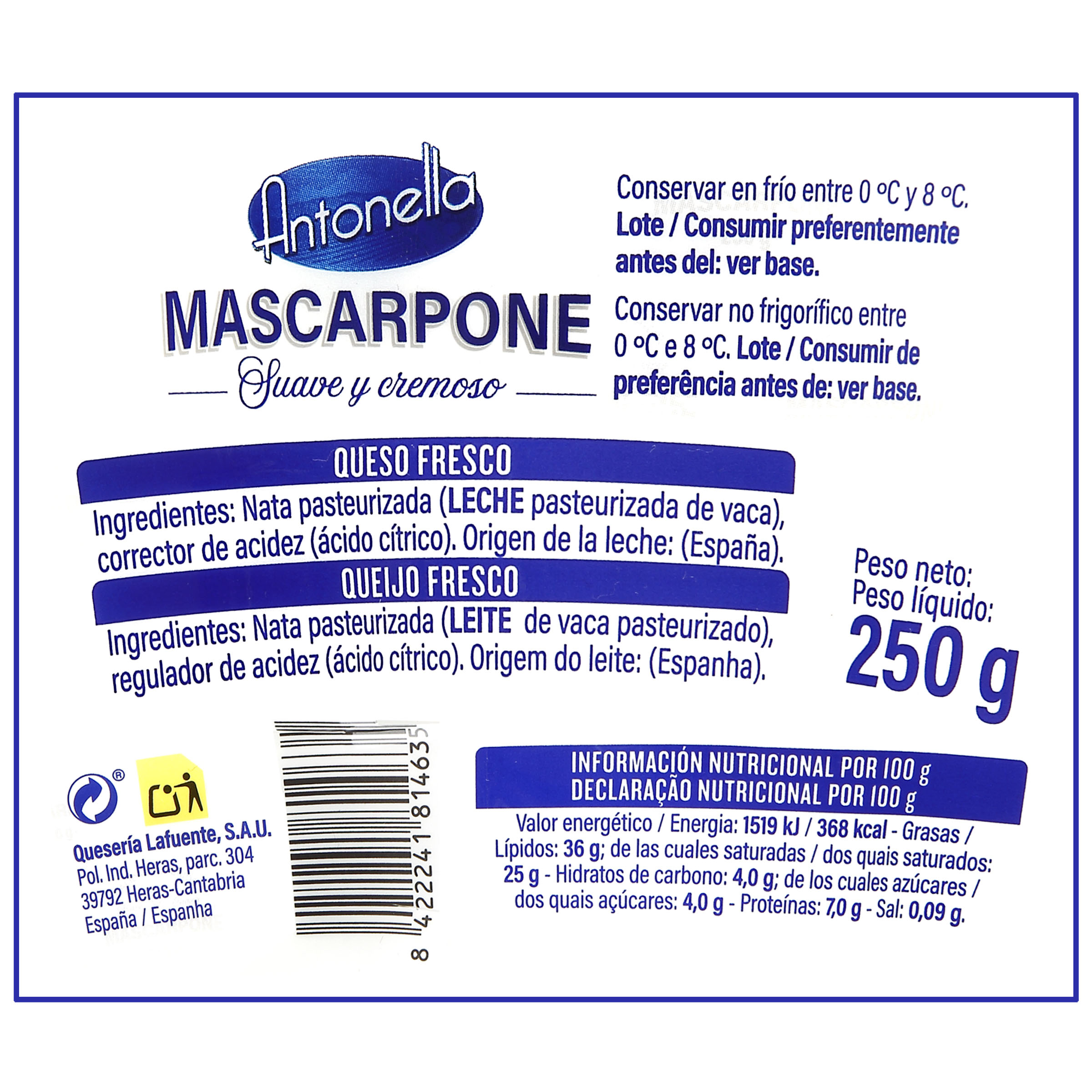 Queso fresco mascarpone Antonella 250gr