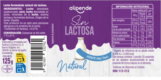 Leche fermentada sin lactosa Alipende pack 4 125g natural