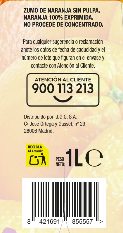 Zumo de naranja 100% exprimida sin pulpa Alipende 1L