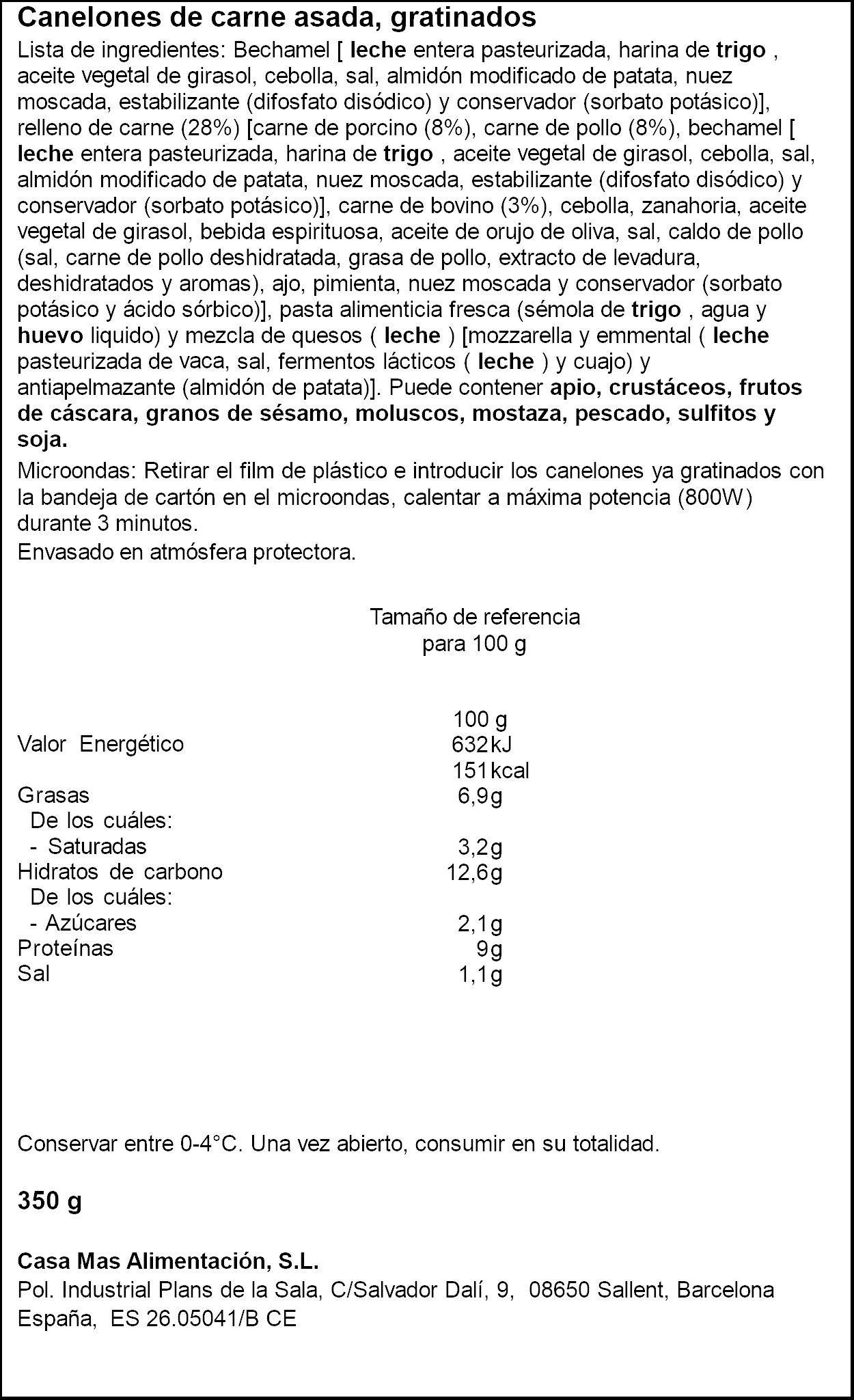 Canelones de carne asada gratinados Casa Mas 350g