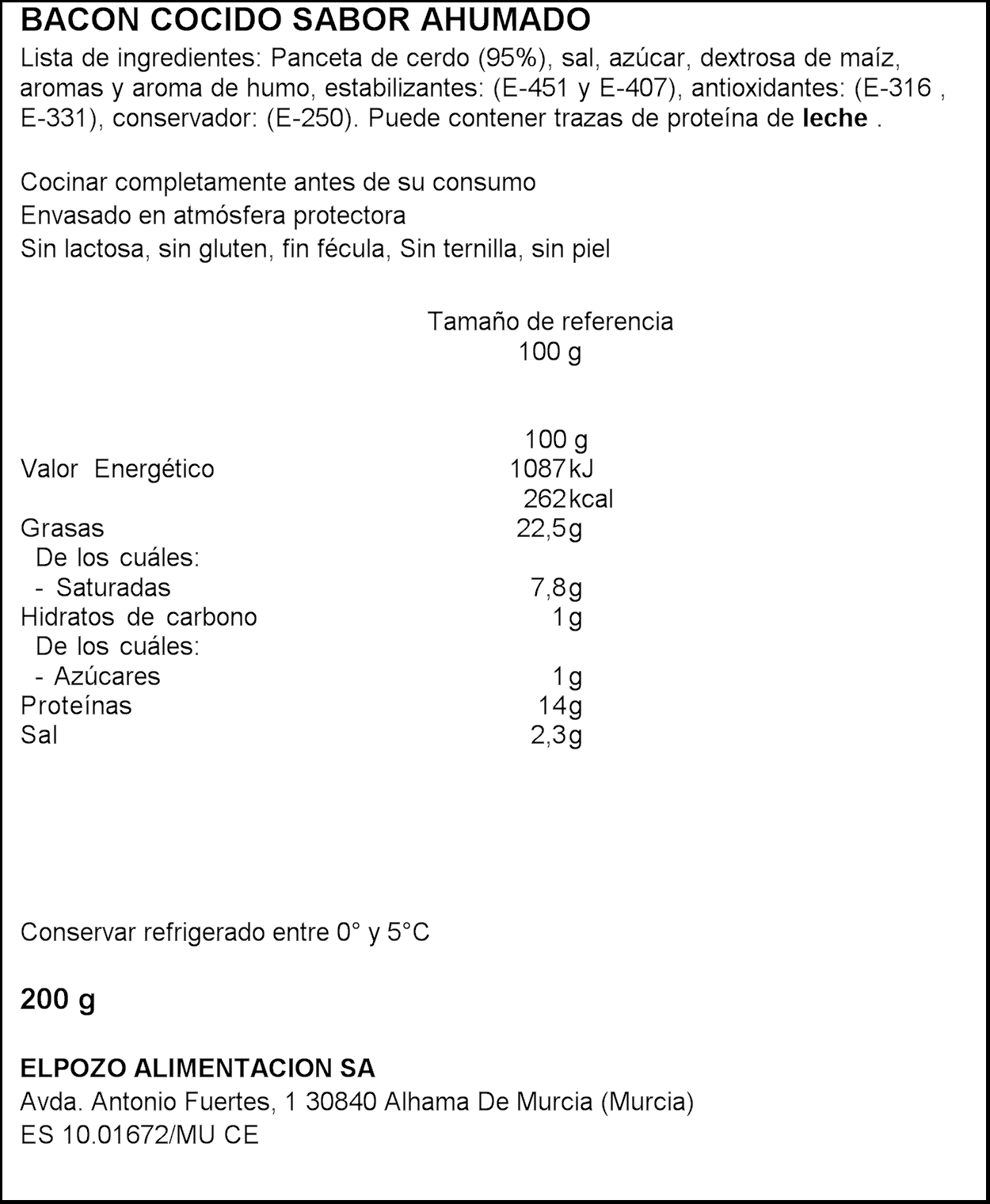 Bacon tiras sin lactosa 2x100g Elpozo Family