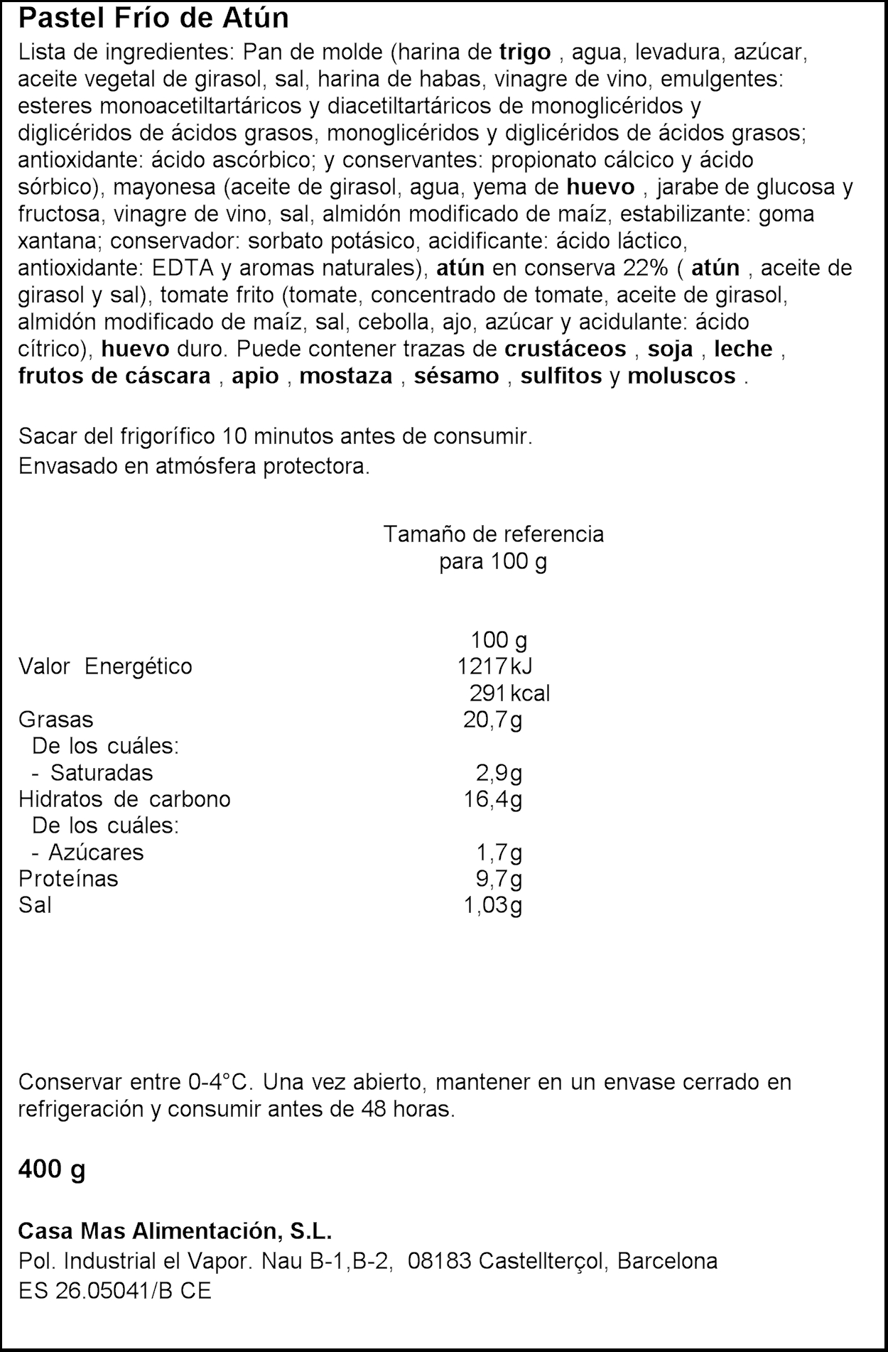 Pastel de atún Casa Mas 400g