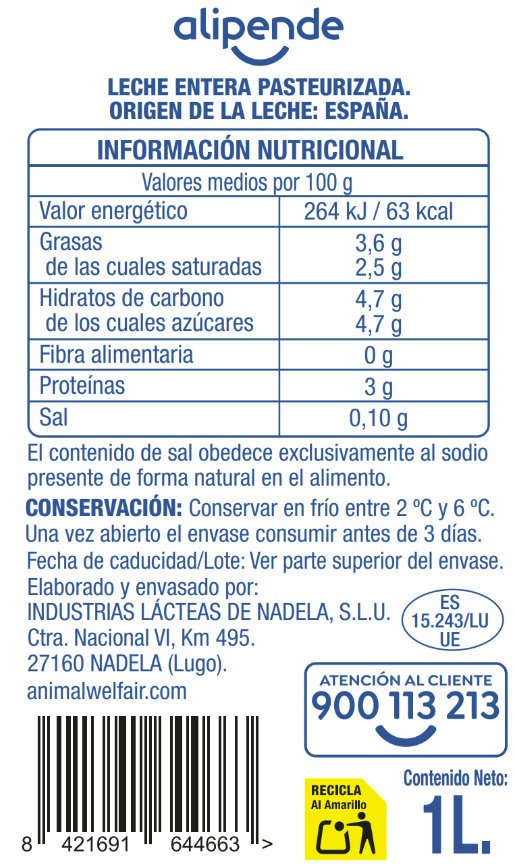 Leche Fresca Alipende Botella 1L Entera