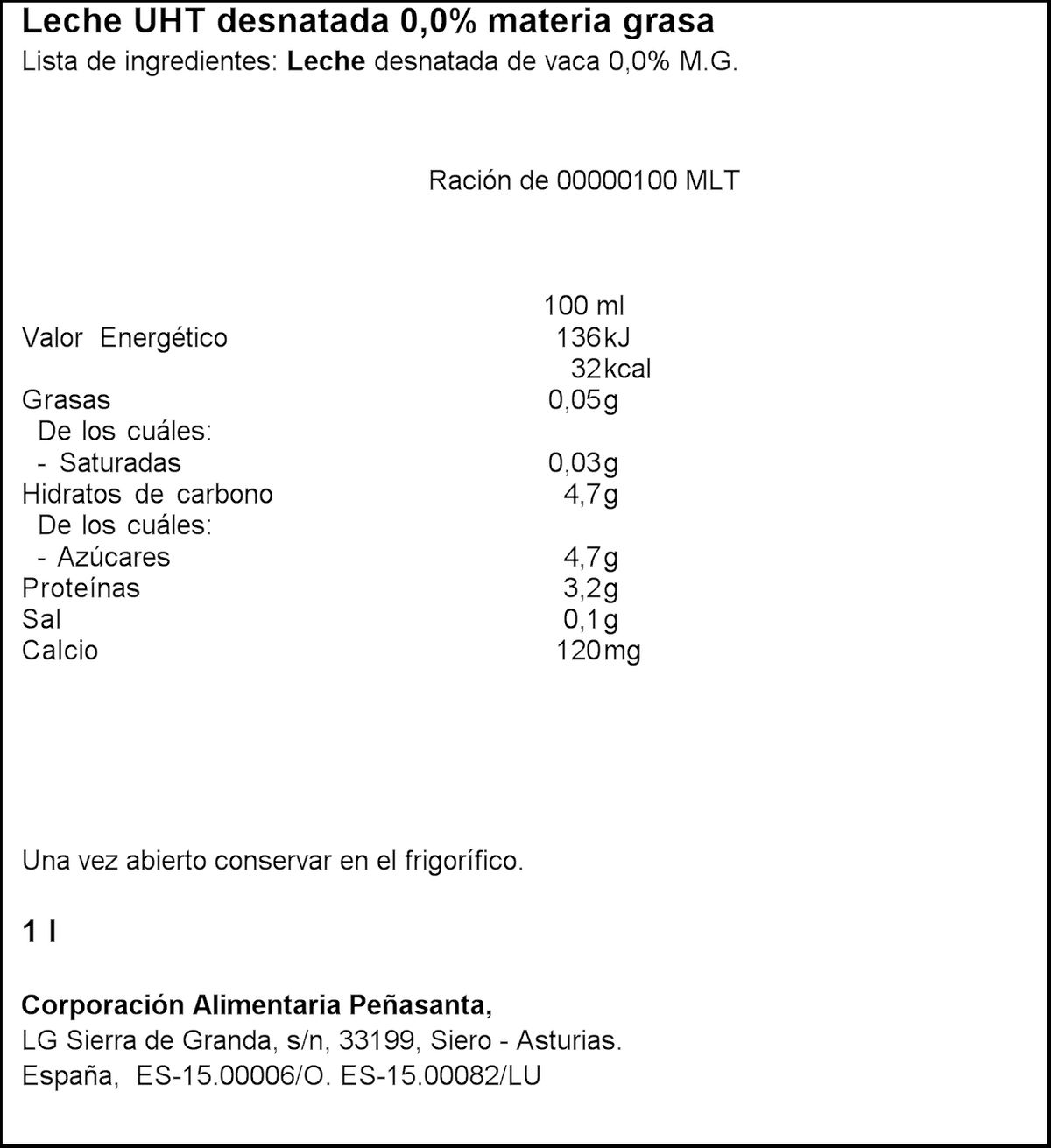 Leche Asturiana 0,0% MG 1l desnatada