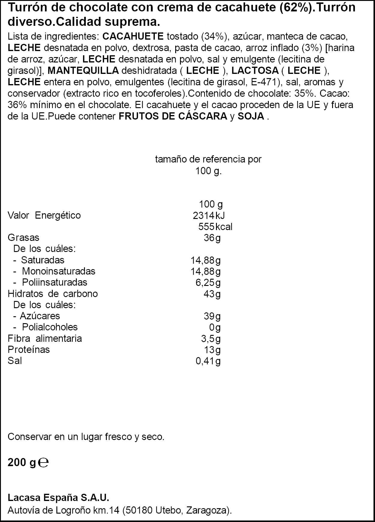 Turrón con crema de cacahuete Conguitos Lacasa 200g