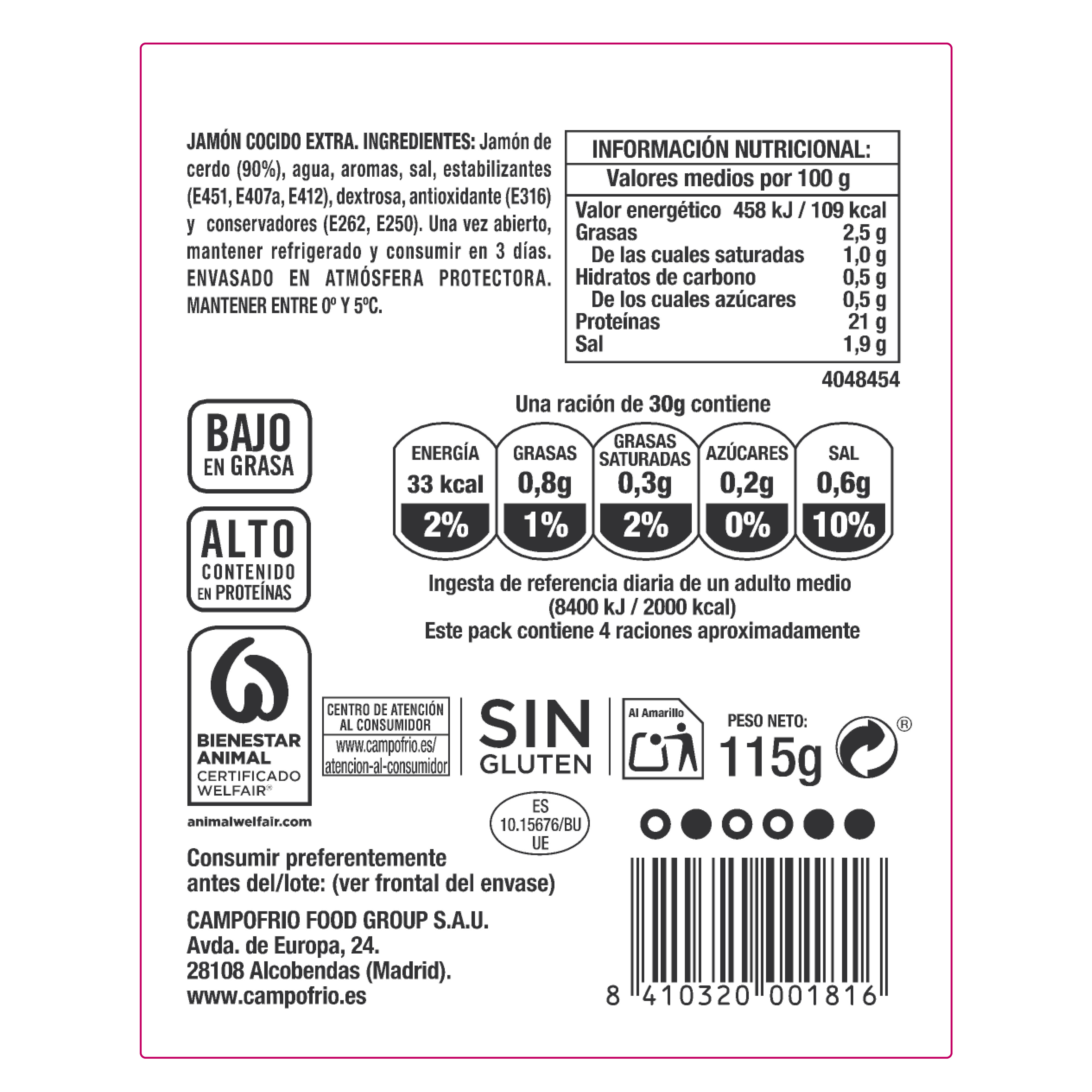 Jamón cocido en lonchas finas finissimas Campofrío 115g